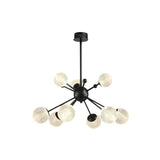 "Ten-light starburst chandelier with iron arms and textured acrylic diffusers, isolated on a white background."