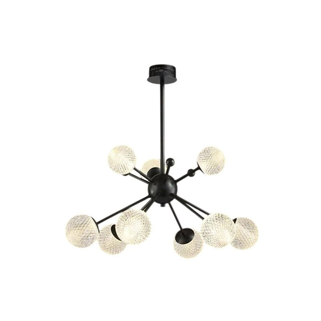"Ten-light starburst chandelier with iron arms and textured acrylic diffusers, isolated on a white background."