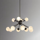 "Starburst chandelier with iron arms and textured acrylic diffusers, featuring ten lights against a gray background."