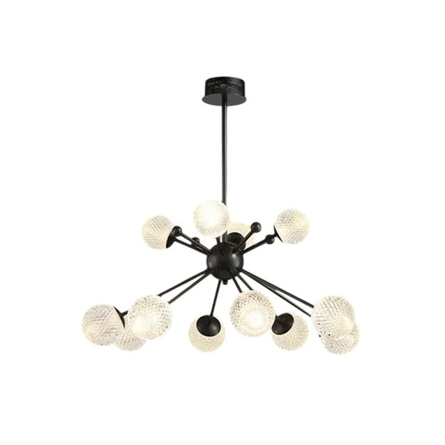 "Twelve-light starburst chandelier with iron arms and textured acrylic diffusers, isolated on a white background."
