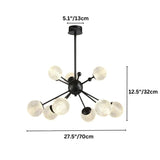"Starburst chandelier with iron arms and textured acrylic diffusers, labeled with dimensions: 5.1 inches canopy diameter, 12.5 inches height, and 27.5 inches width."