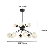 "Starburst chandelier with iron arms and textured acrylic diffusers, labeled with dimensions: 5.1 inches canopy diameter, 13.7 inches height, and 32.2 inches width."