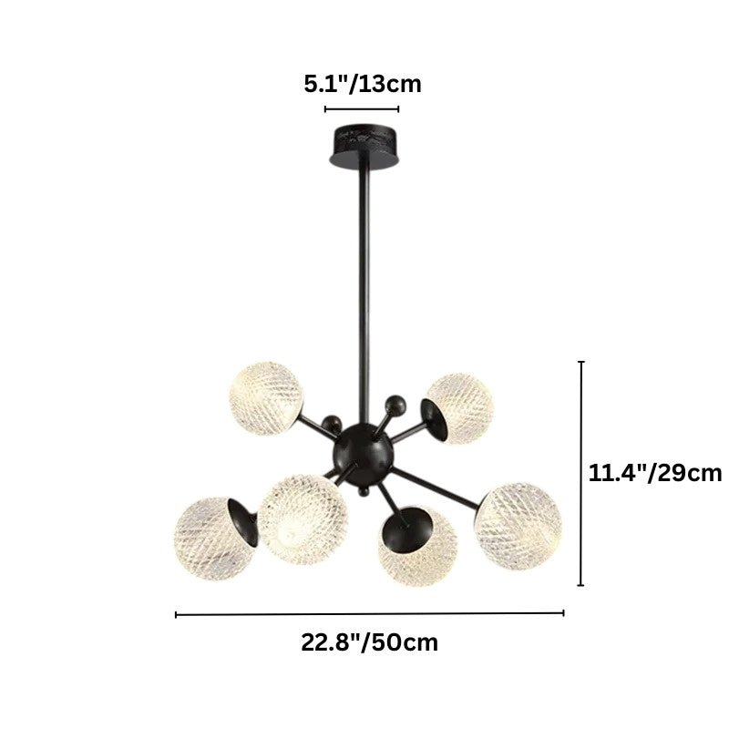 "Starburst chandelier with iron arms and textured acrylic diffusers, labeled with dimensions: 5.1 inches canopy diameter, 11.4 inches height, and 22.8 inches width."