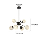 "Starburst chandelier with iron arms and textured acrylic diffusers, labeled with dimensions: 5.1 inches canopy diameter, 11.4 inches height, and 22.8 inches width."