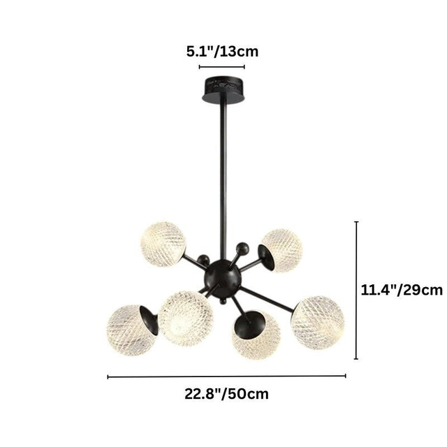 "Starburst chandelier with iron arms and textured acrylic diffusers, labeled with dimensions: 5.1 inches canopy diameter, 11.4 inches height, and 22.8 inches width."