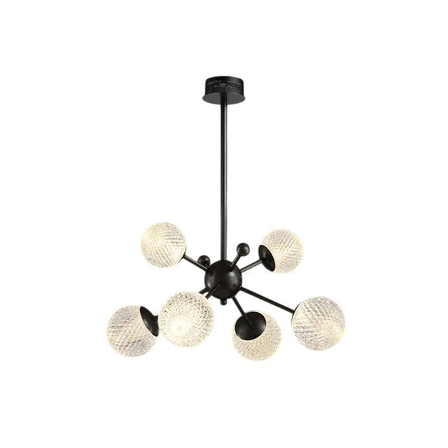 "Starburst chandelier with iron arms and textured acrylic diffusers, isolated on a white background."