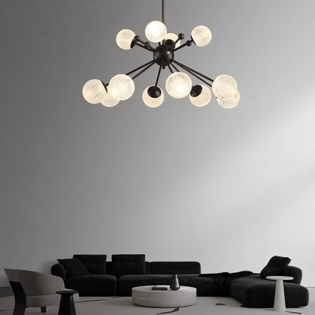"Starburst chandelier with iron arms and textured acrylic diffusers, hanging above a living room with modern furniture."