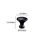 "Dimensions of a matte black dome-shaped cabinet knob with a flared base."
