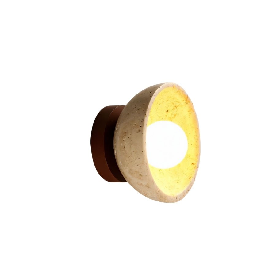 "Modern travertine wall lamp with a circular wood backplate, showcasing its warm and textured design."
