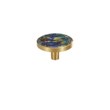 "Top view of a round brass cabinet knob with a blue shell inlay, isolated on a white background."