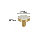 "Dimensions of a round brass cabinet knob with a shell inlay, isolated on a white background."