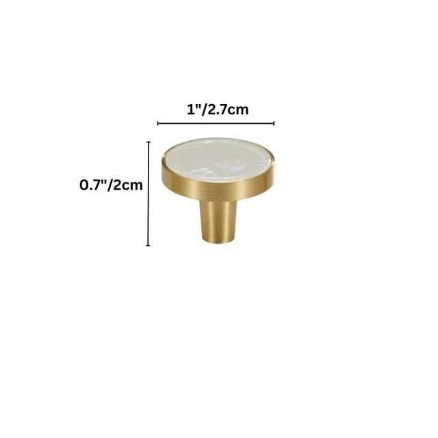"Dimensions of a round brass cabinet knob with a shell inlay, isolated on a white background."