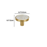 "Dimensions of a round brass cabinet knob with a white shell inlay, isolated on a white background."