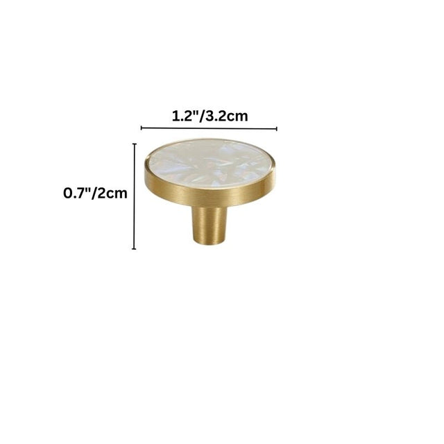 "Dimensions of a round brass cabinet knob with a white shell inlay, isolated on a white background."