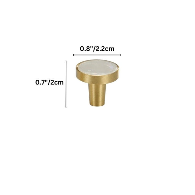 "Dimensions of a round brass cabinet knob with a shell inlay, suitable for luxury and contemporary interiors."