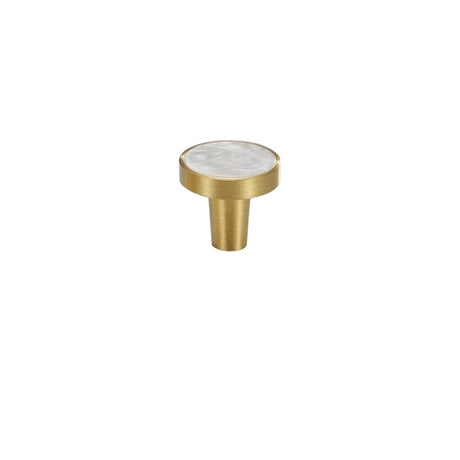 "A round brass cabinet knob with a white shell inlay, isolated on a white background."