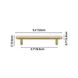 "Dimensions of a modern brass pull bar with a shell inlay, isolated on a white background."
