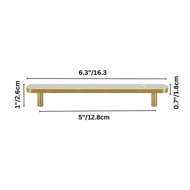 "Dimensions of a large modern brass pull bar with a shell inlay, isolated on a white background."