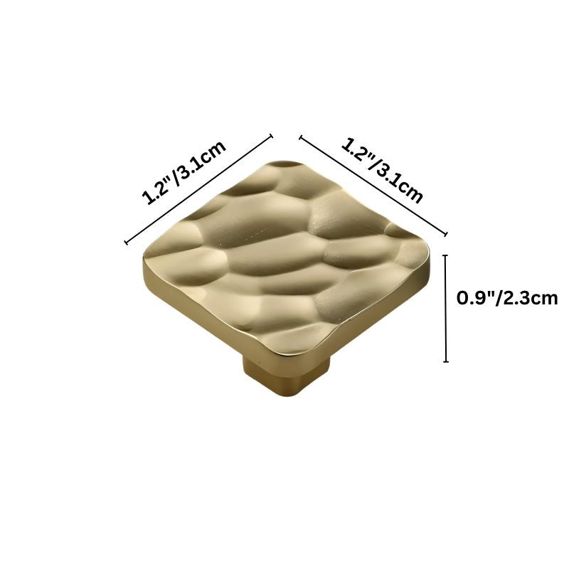 "Dimensions of a gold hammered texture square cabinet knob, suitable for modern and artisanal interiors."