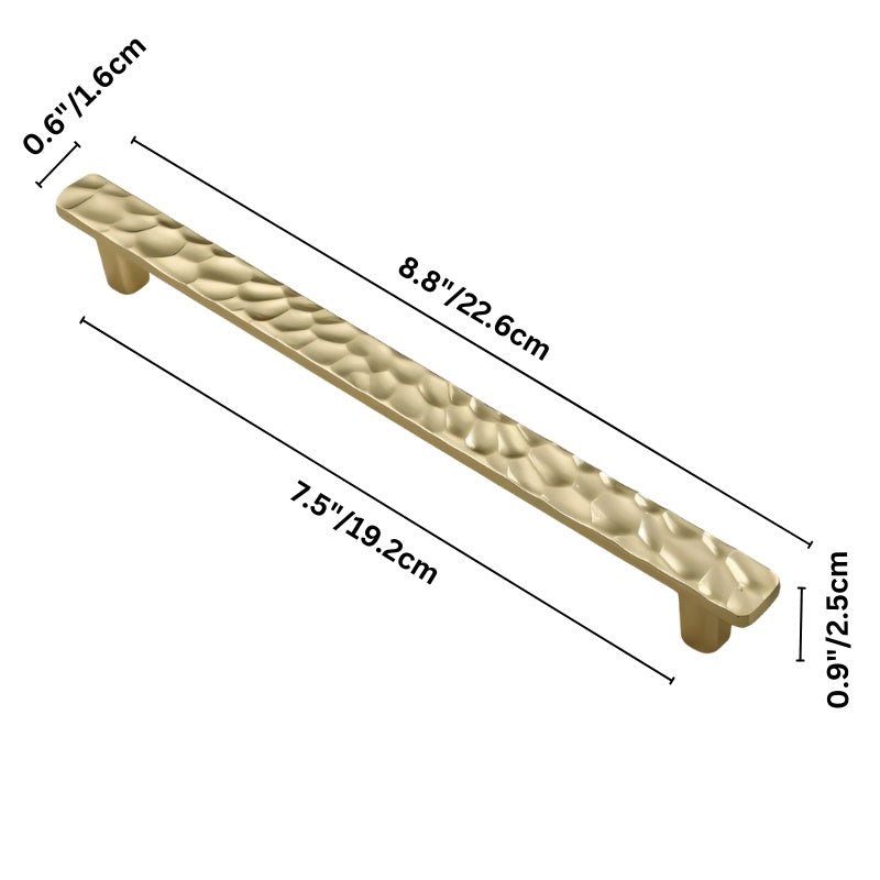 "Dimensions of a gold hammered texture pull bar handle, combining modern design with artisanal texture."