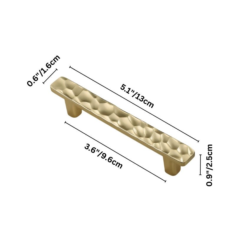 "Dimensions of a gold hammered texture pull bar handle with a sleek, modern design."