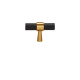 "Precision-crafted brass knurled T-pull handle in black and gold finish with a cylindrical shape and sleek metallic look."