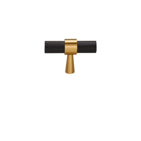 "Precision-crafted brass knurled T-pull handle in black and gold finish with a cylindrical shape and sleek metallic look."