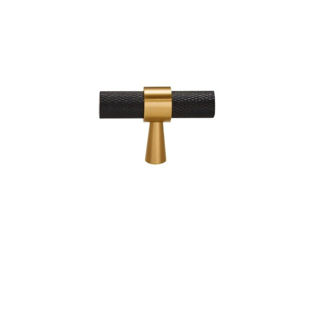 "Precision-crafted brass knurled T-pull handle in black and gold finish with a cylindrical shape and sleek metallic look."