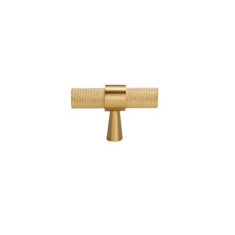 "Precision-crafted brass knurled T-pull handle with a cylindrical shape and sleek metallic finish."
