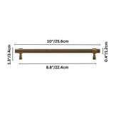 "A knurled brass pull bar cabinet handle with size dimensions displayed on a white background."