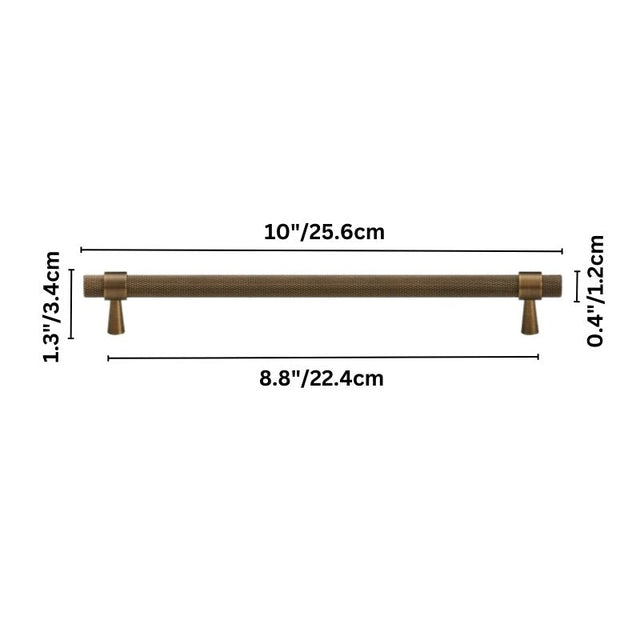 "A knurled brass pull bar cabinet handle with size dimensions displayed on a white background."