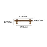 "A knurled brass pull bar cabinet handle shown with size dimensions on a white background."