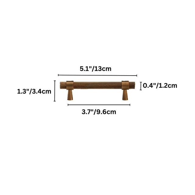 "A knurled brass pull bar cabinet handle shown with size dimensions on a white background."