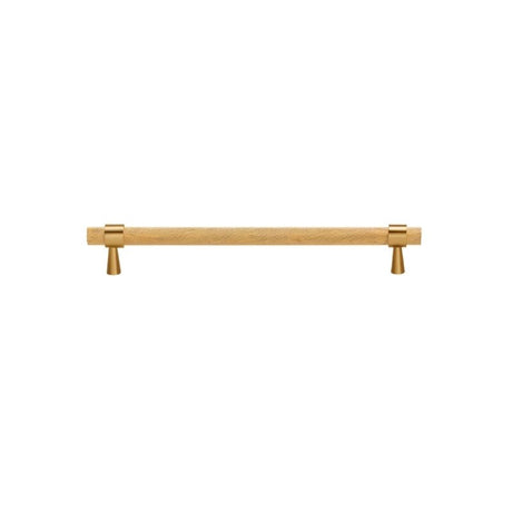 "A sleek, cylindrical brass pull bar with a knurled texture on a white background."