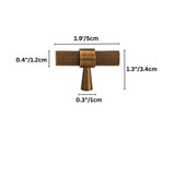 "A detailed studio shot of a T-bar shaped brass pull handle with a knurled texture, featuring size dimensions on a white background."