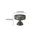 "Dimensions of a vintage-inspired brass knob with layered ridges and distressed finish."