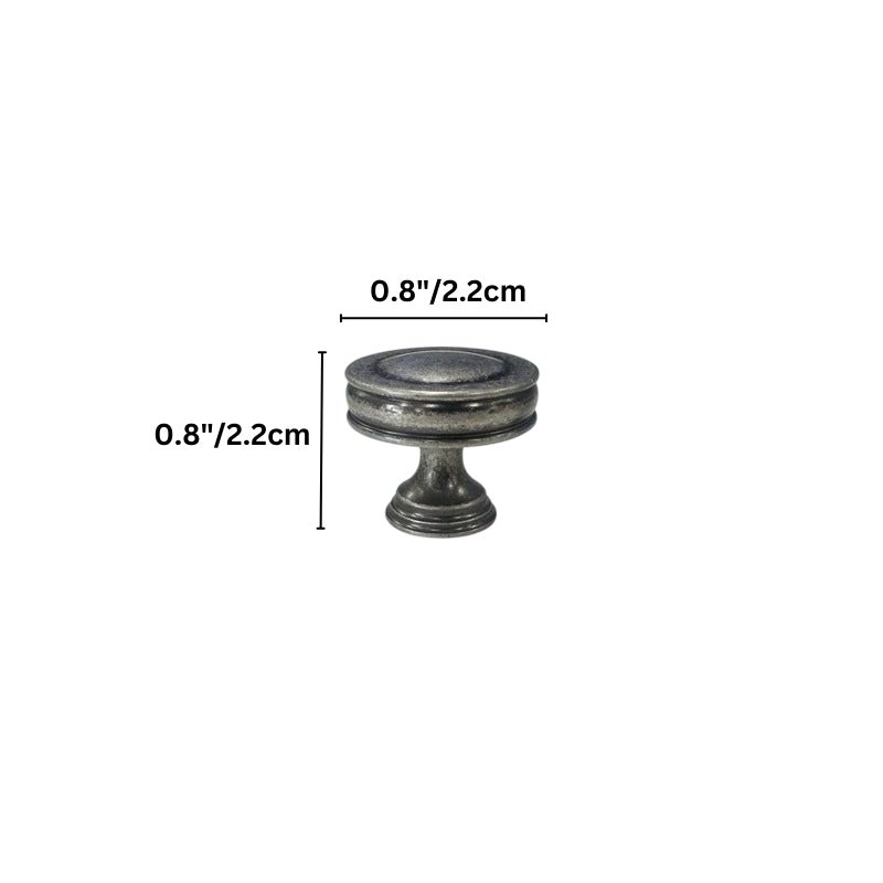 "Dimensions of a vintage-inspired brass knob with layered ridges and a distressed finish."