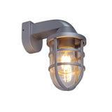 "A gray outdoor wall lamp with a cage design, featuring a clear bulb and curved arm."