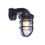 "A brass-colored, industrial-style wall lamp with a robust cage structure and clear PC diffuser, mounted on a stone wall, illuminating a garden path at night."