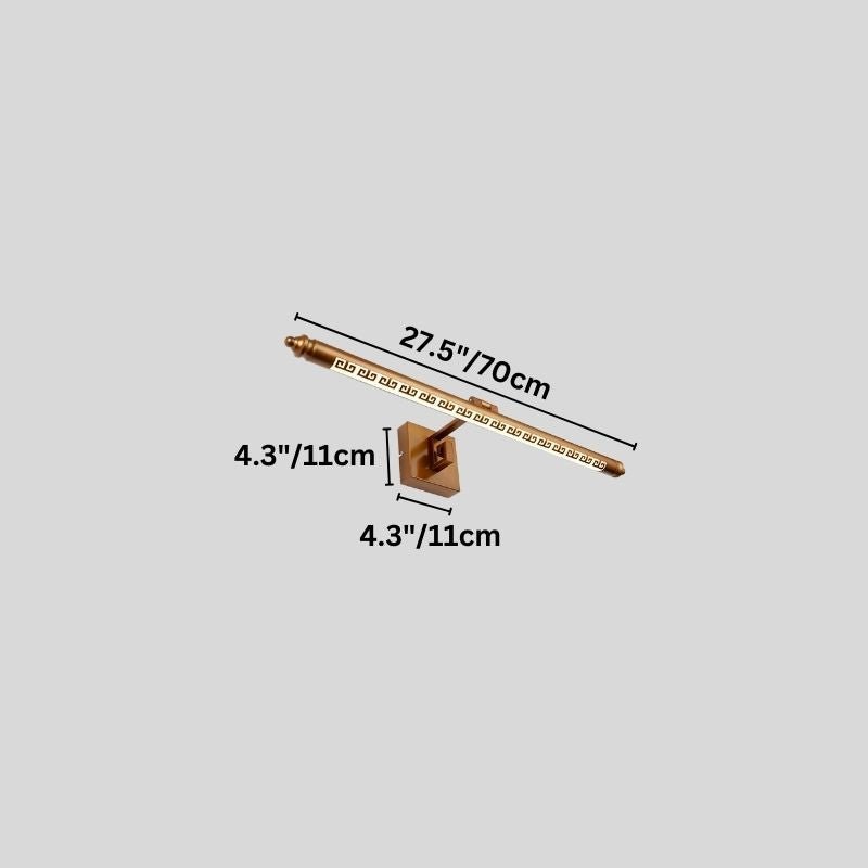 "A gold wall lamp with a Greek key pattern and adjustable arm, 70cm in length, with detailed dimension measurements in inches and centimeters on a grey background."
