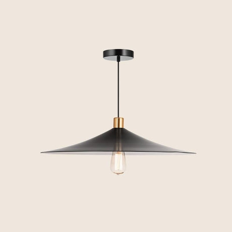 "Elegant black pendant light with a conical shade and gold accent, made from metal for a sleek, minimalist design in contemporary and industrial spaces."