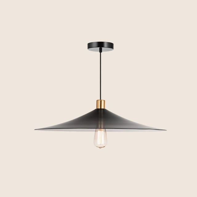 "Elegant black pendant light with a conical shade and gold accent, made from metal for a sleek, minimalist design in contemporary and industrial spaces."