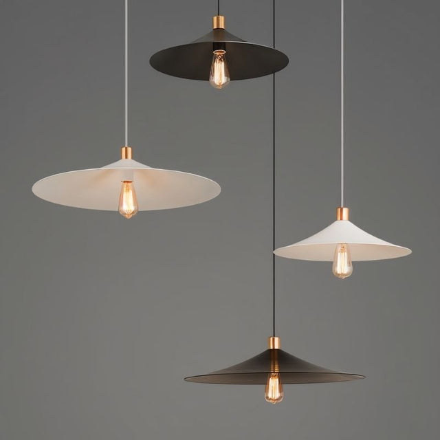 "Set of Raida pendant lights in black and white conical designs, featuring minimalist elegance with gold accents, ideal for modern and industrial interiors."