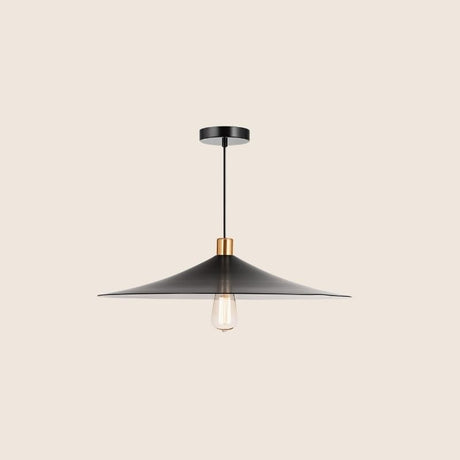 "Minimalist pendant light featuring a black conical shade with a gold accent, made from metal for contemporary or industrial spaces."