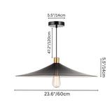 "Dimensions of the black pendant light with conical shade, including 5.5'' (14cm) diameter canopy, 47.2'' (120cm) cord length, and 23.6'' (60cm) width."