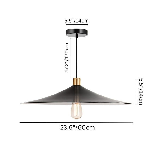 "Dimensions of the black pendant light with conical shade, including 5.5'' (14cm) diameter canopy, 47.2'' (120cm) cord length, and 23.6'' (60cm) width."