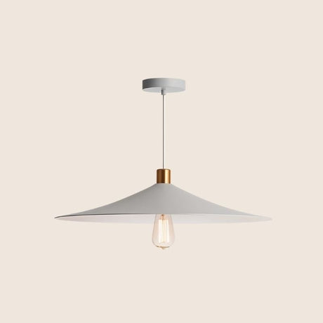 "Sleek white pendant light with a conical shade and gold accent, crafted from metal for minimalist, contemporary, and industrial designs."