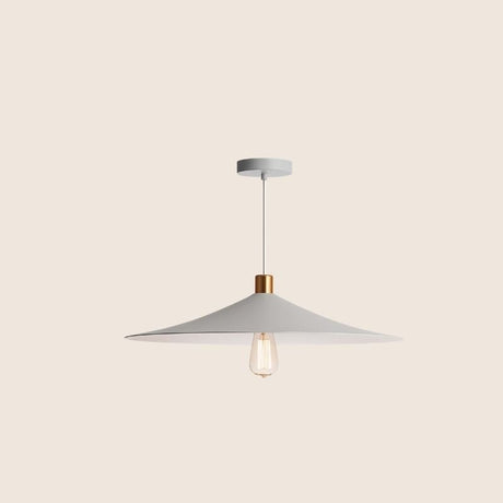 "Minimalist white pendant light with a conical shade and gold accent, crafted from metal for contemporary or industrial interiors."