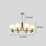 "Ralie chandelier with iron, wood, and frosted glass globes with dimensions showing 12.9 inches/33 cm height, 12.5 inches/32 cm glass globe height, and 32.6 inches/83 cm width."