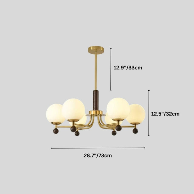 "Ralie chandelier with iron, wood, and frosted glass globes with dimensions showing 12.9 inches/33 cm height, 12.5 inches/32 cm glass globe height, and 28.7 inches/73 cm width."